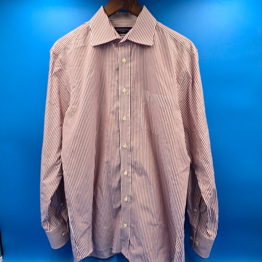 Seaward & Stearn London Mens Striped Cotton Dress Shirt Red White Large L